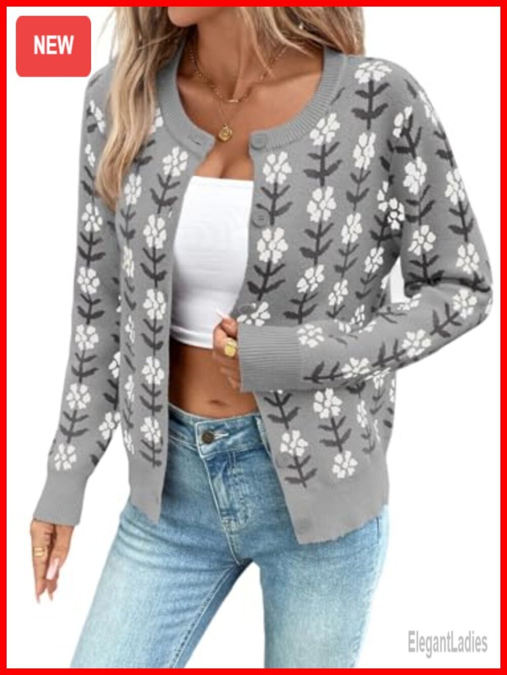 Women's Button Down Cardigan Sweater Long Sleeve Floral Printed Cropped Knit